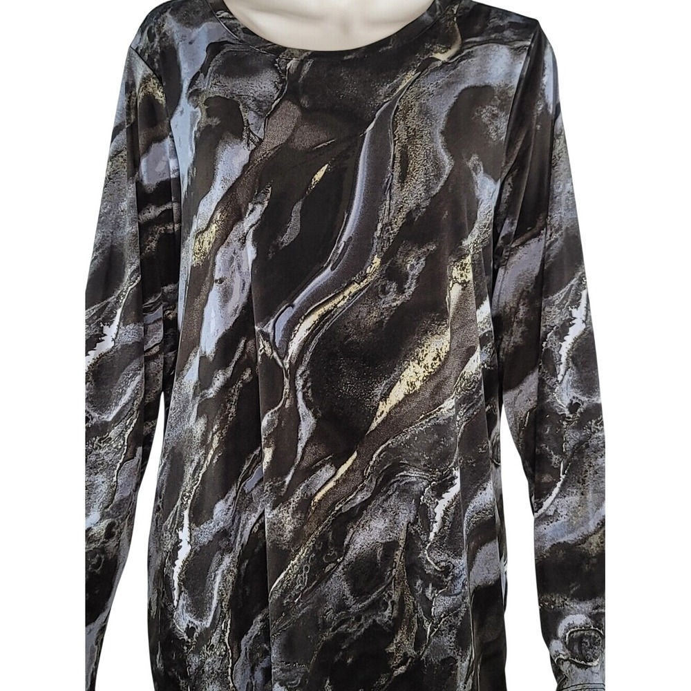 Susan Graver Liquid Knit Black & Gray Marble-Print Long Sleeve Top - Picture 2 of 13